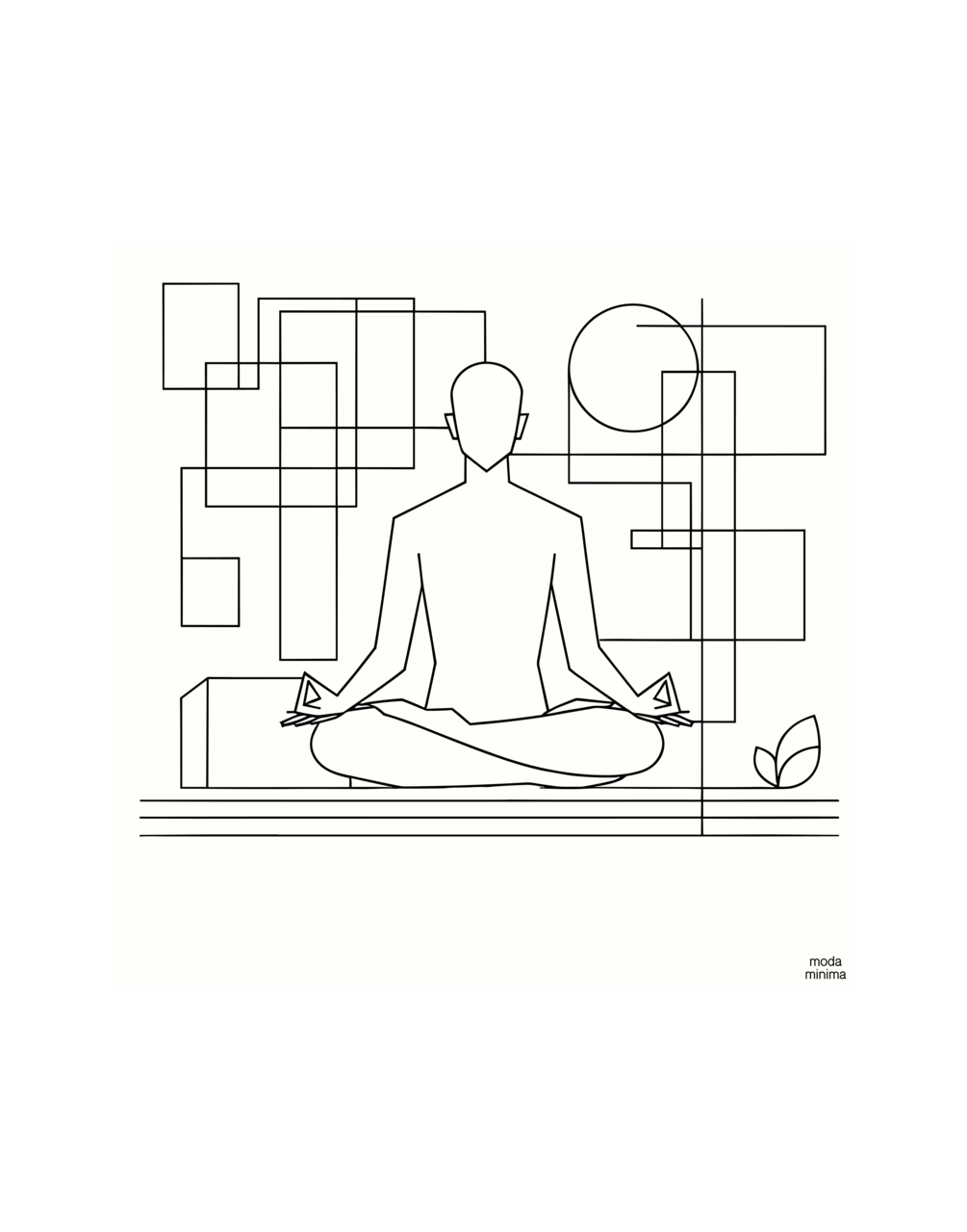 Still Sitting, MM49: a seated line figure among outlined rectangles and a circle, with pale paper around the drawing.