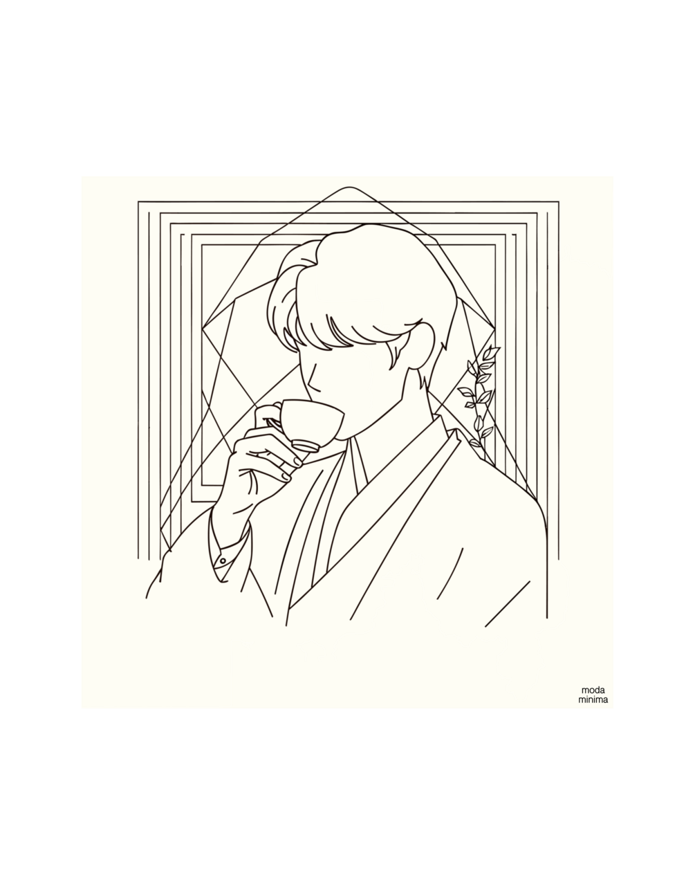 Quiet Cup, MM6: a person lifts a handled cup near the face, against nested rectangular outlines.