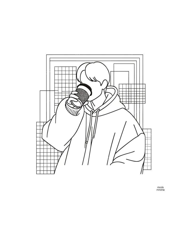 Cup and Concrete: a figure in an oversized hoodie sips from a paper cup in front of stacked grid panels.