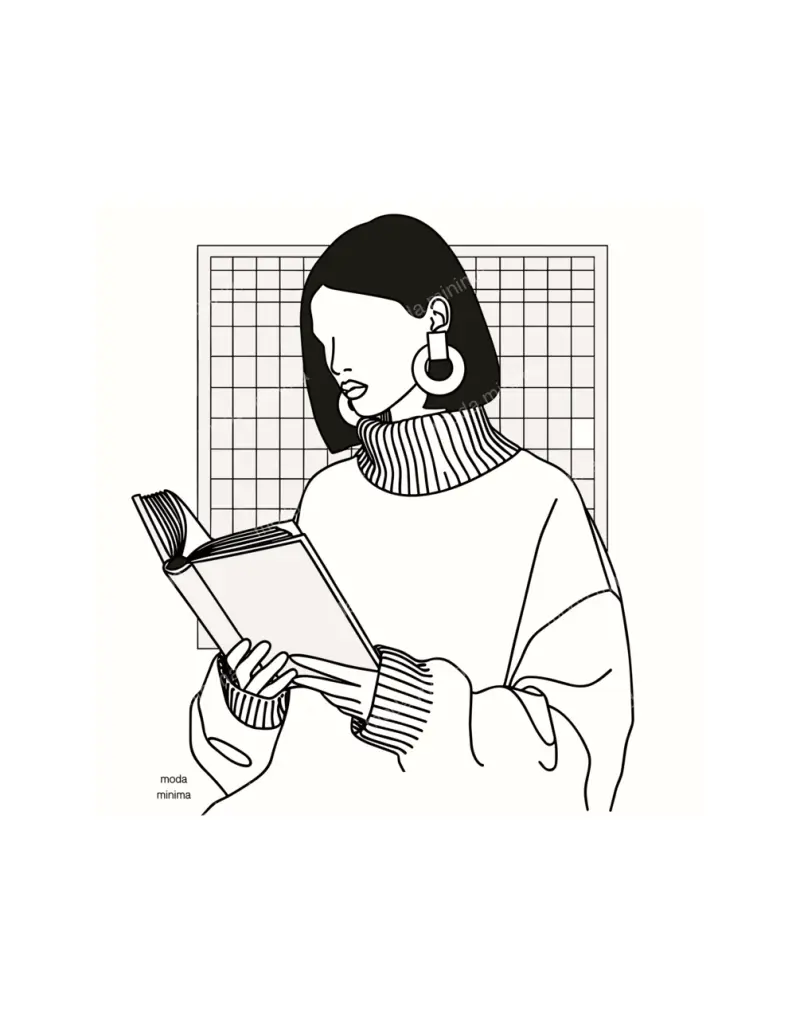 Chapter One: a figure in a ribbed sweater reads an open book in front of a fine grid.