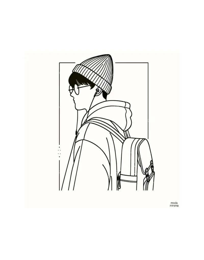 Set Out: a figure in a knit beanie, glasses and earbud wears a backpack, seen from the side.