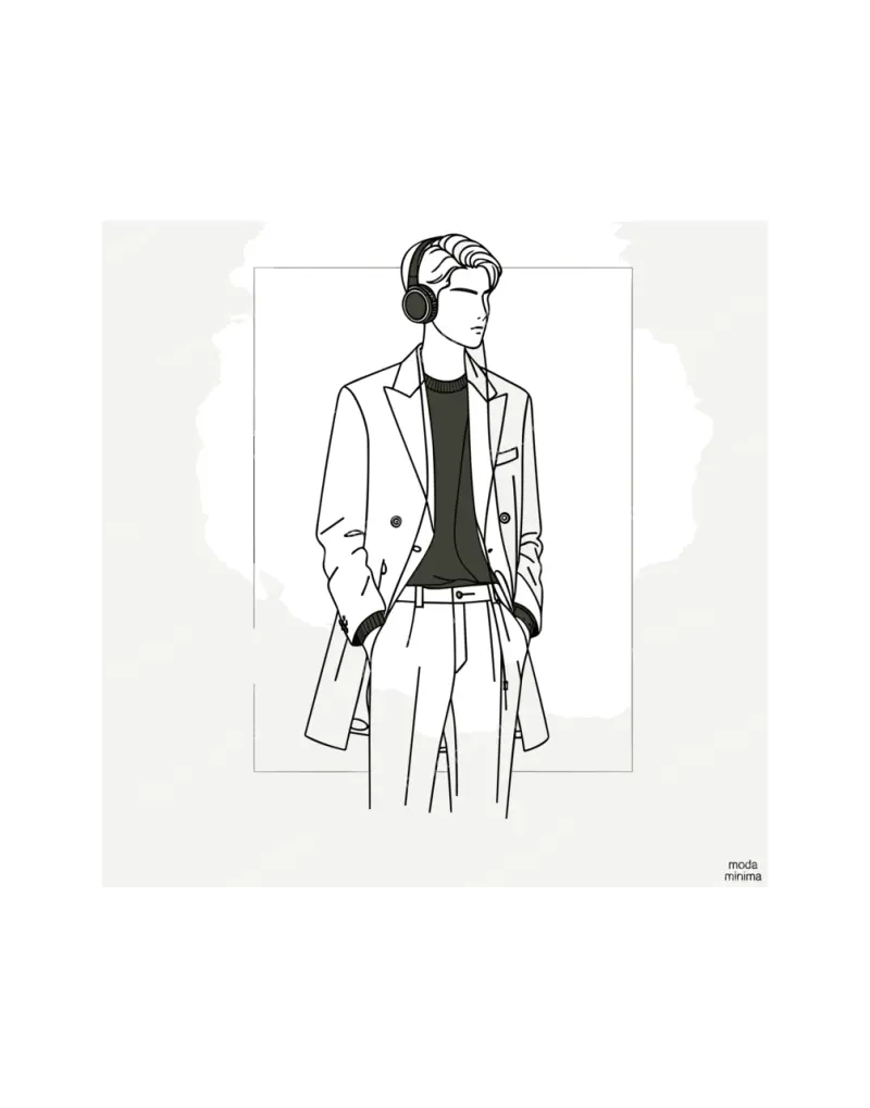 Tuned Out: a man in headphones and a double-breasted coat stands with hands in his pockets.