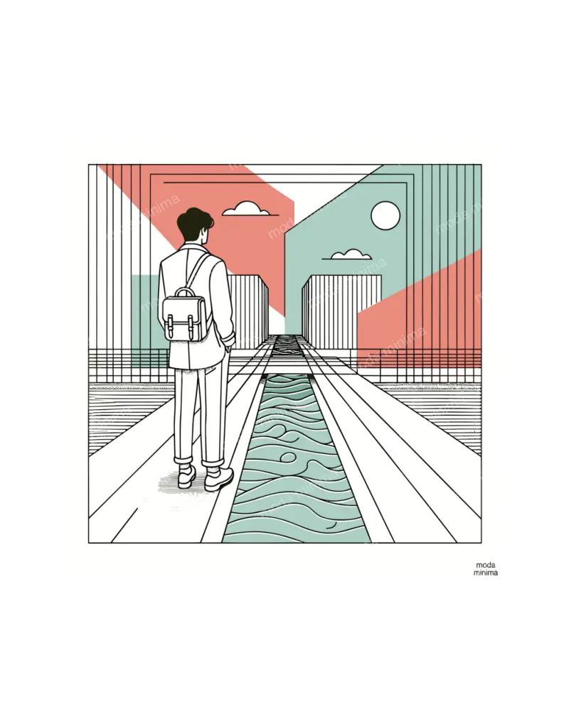 The Long Corridor: a man with a backpack walks beside a channel of water between coloured walls.