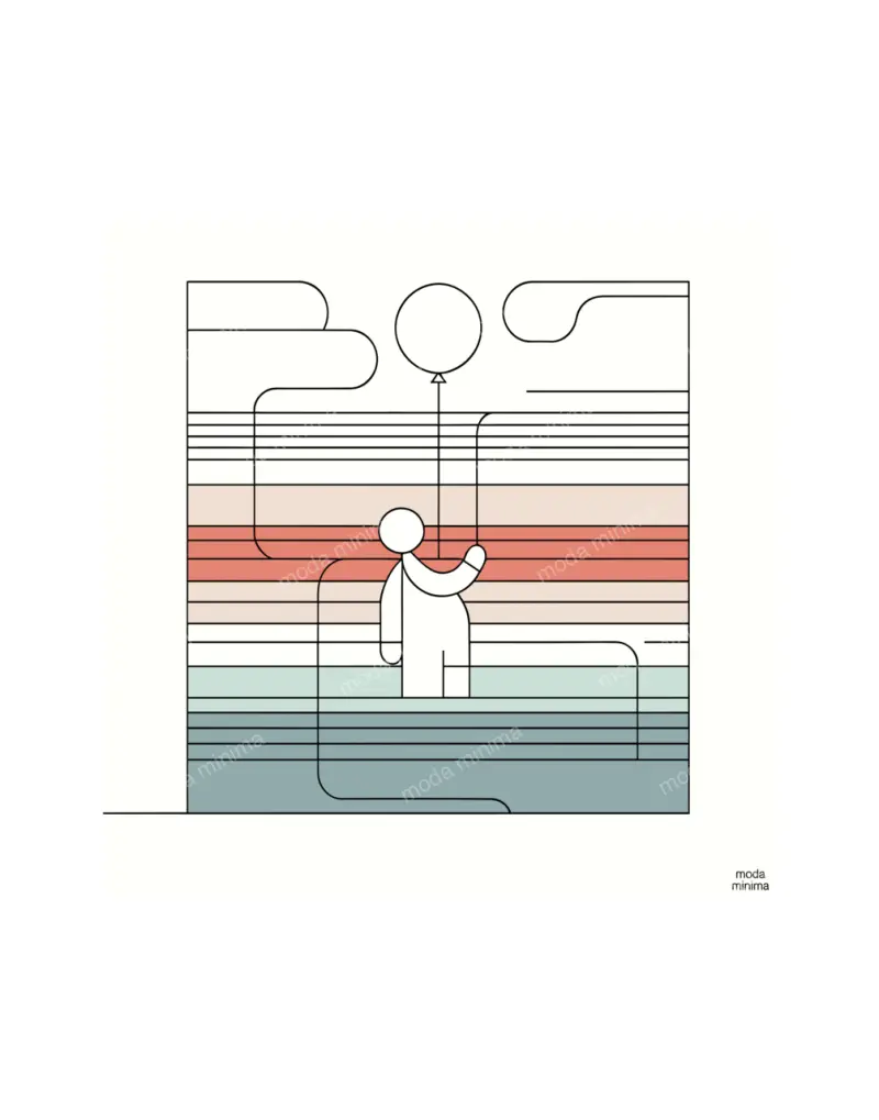 One Balloon: a simple figure holds the string of a round balloon above bands of pastel colour.