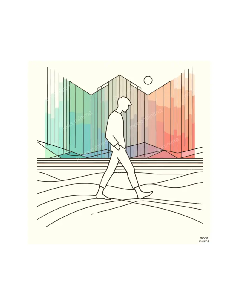 Sand Lines: a figure walks with hands in pockets across wavy ground below tall coloured stripes.