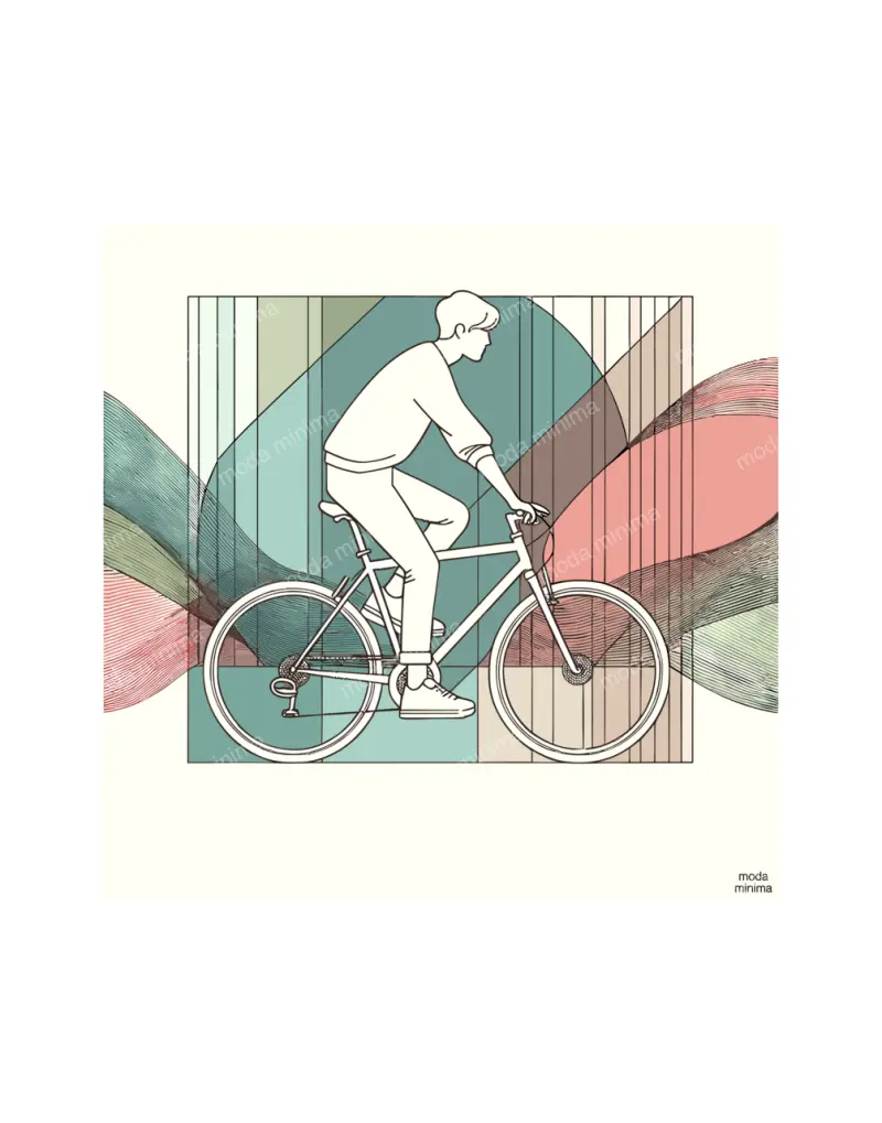 Sunday Ride: a man rides a bicycle in front of layered panels and flowing colour bands.