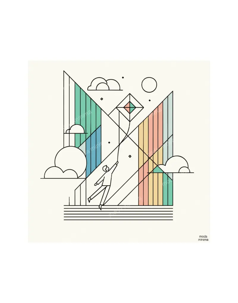 Kite Weather: a small figure flies a diamond kite among clouds, a sun and coloured triangular shapes.