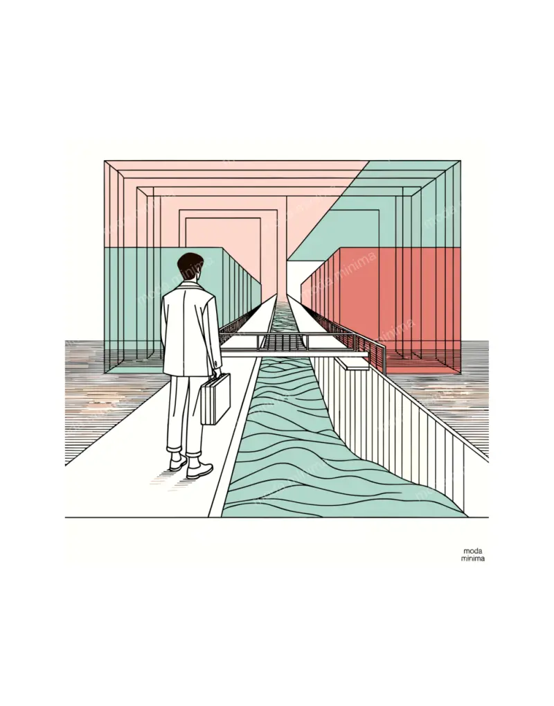 Slow Crossing: a man with a briefcase walks along a path beside a canal between pink and green walls.