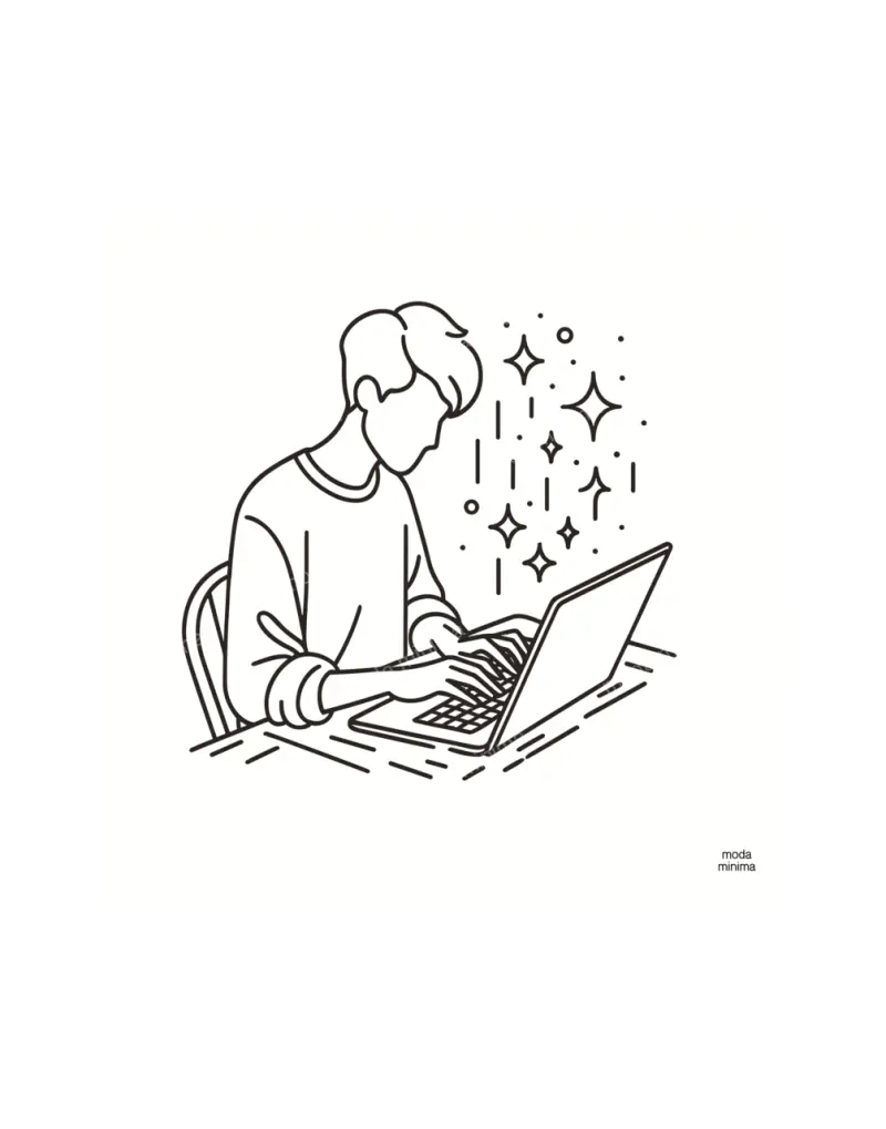 Late Shift: a seated figure types on a laptop at a desk while small sparkles float beside the screen.