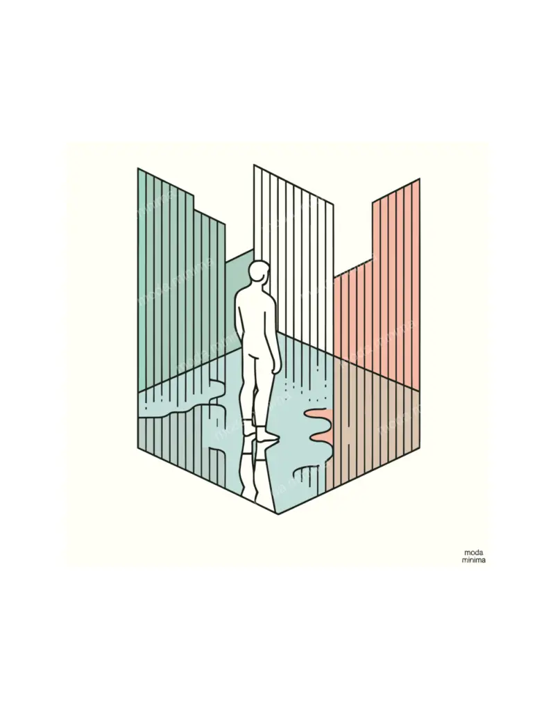 Tall Shadows: a lone figure stands on reflecting water between tall striped walls in green and coral.