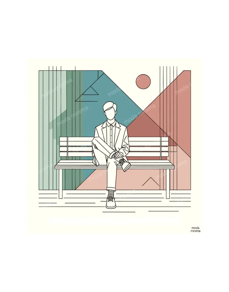 The Bench: a man in a jacket sits cross-legged on a slatted bench in front of coloured triangles.