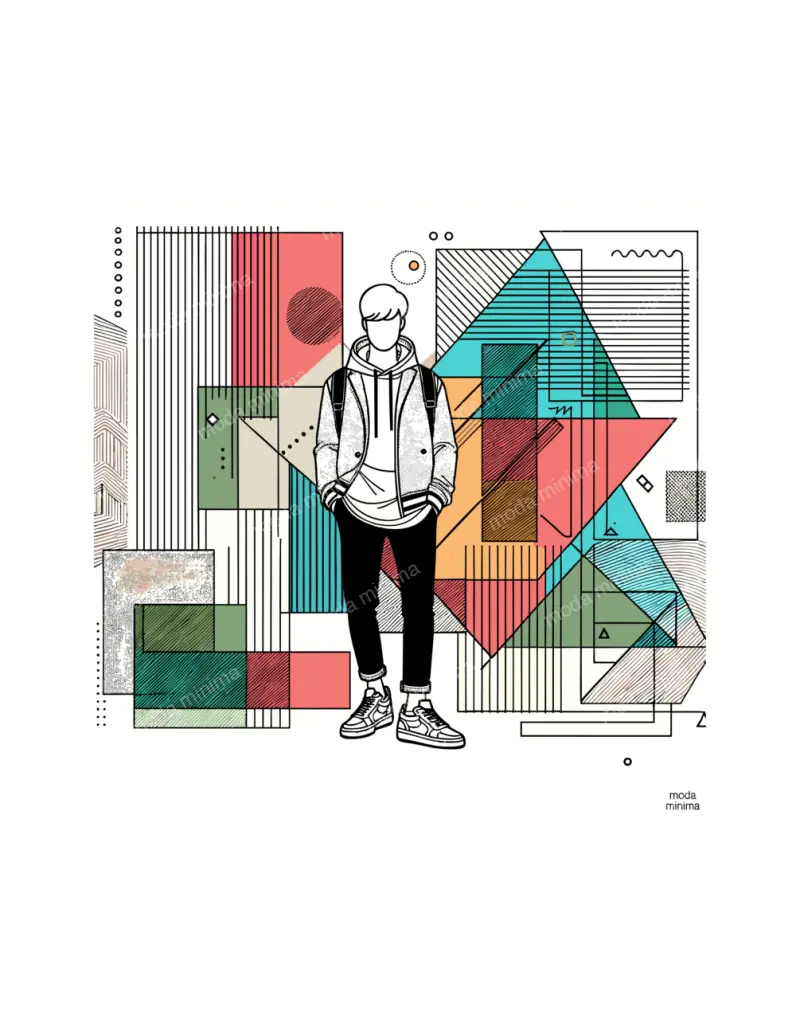Cut and Paste: a young man in a hoodie stands among collage blocks of colour, stripes and triangles.