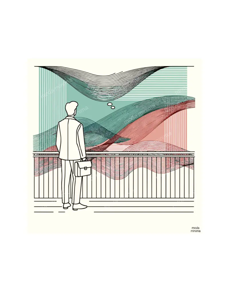 River Watch: a man with a briefcase stands at a railing looking out at wavy bands of colour.
