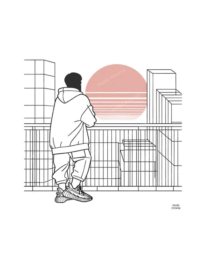 Pink Sun: a figure in a hoodie and sneakers leans on a railing facing a striped pink sun between buildings.
