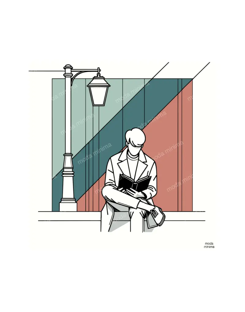 Lamplight: a figure sits reading a dark book beside a tall street lamp, with green and coral panels.