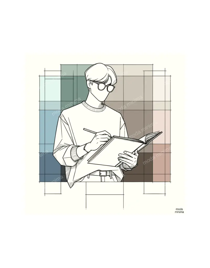 Colour Study: a man in sunglasses writes in a sketchbook over a grid of muted colour squares.