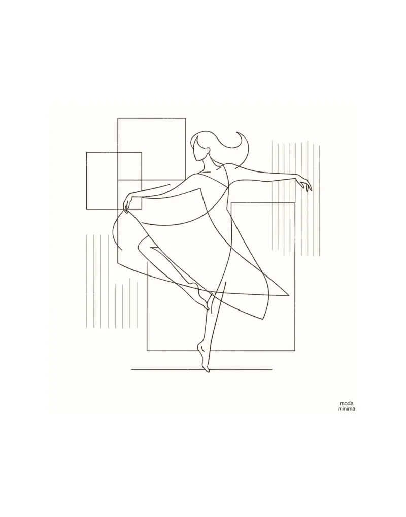 On Pointe: a dancer in a flowing dress balances on one toe among faint rectangles and vertical lines.