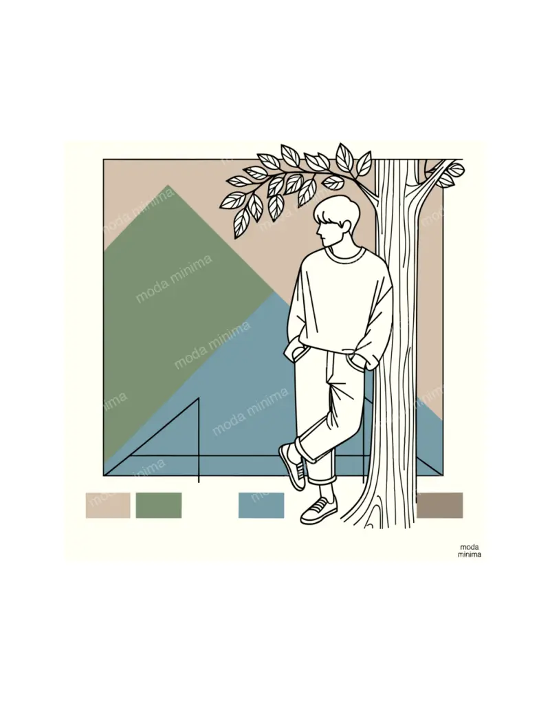 Against the Tree: a young man leans on a tree trunk with crossed ankles, with green and blue triangles.
