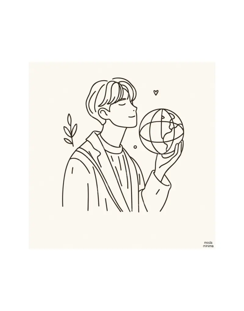 Small World: a man with closed eyes holds a small globe up near his face, with a sprig and a tiny heart.