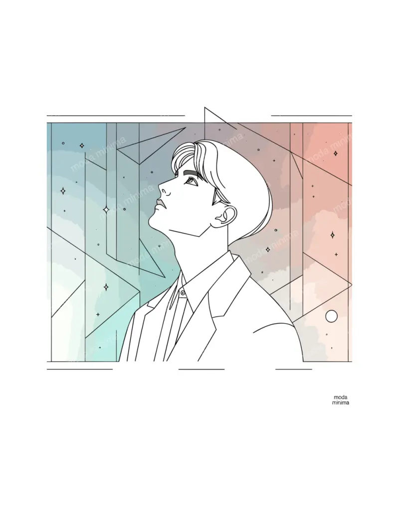Look Up: a man in a suit tilts his head back toward a sky of soft blue and pink with small stars.