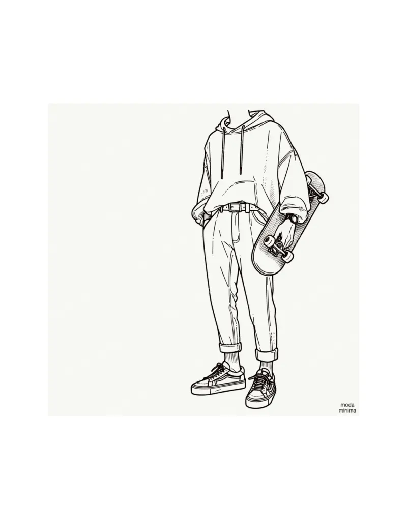 Board in Hand: a figure in a hoodie and cuffed jeans holds a skateboard at the side, cropped at the chin.