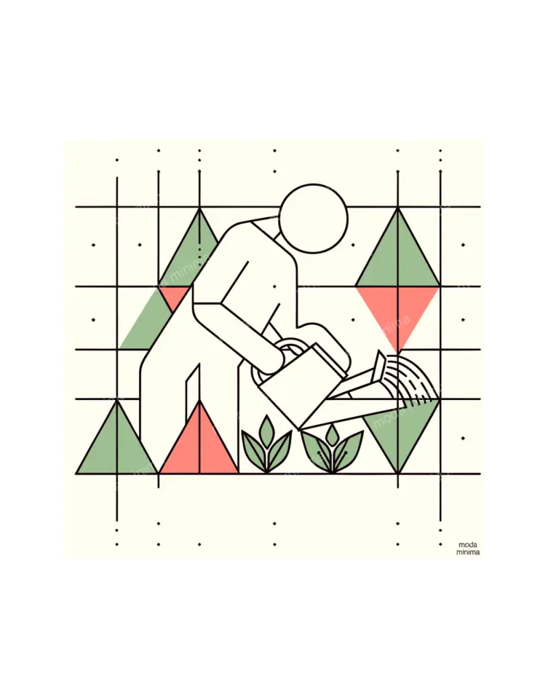 Watering Day: a simple figure pours a watering can over two sprouts among green and coral triangles.