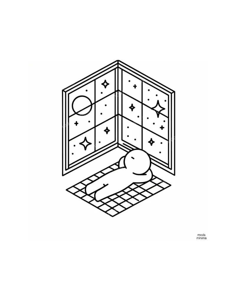 Ceiling of Stars: a small figure lies on a tiled floor in a corner with windows full of stars and a moon.