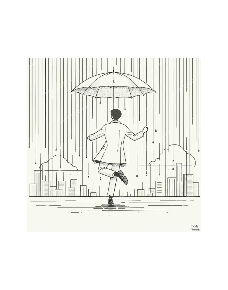 Dancing Wet: a figure kicks up one heel under an open umbrella in vertical rain over a low skyline.