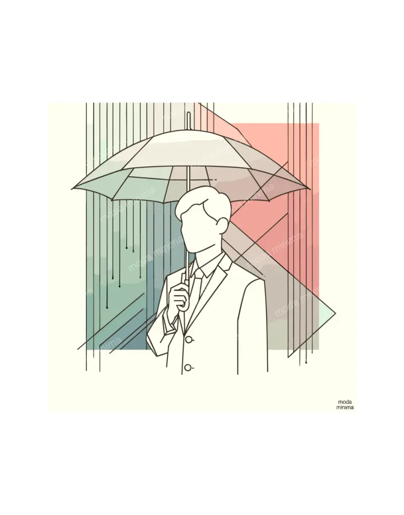 Umbrella Weather: a man in a suit holds an umbrella in front of green, coral and pink panels.