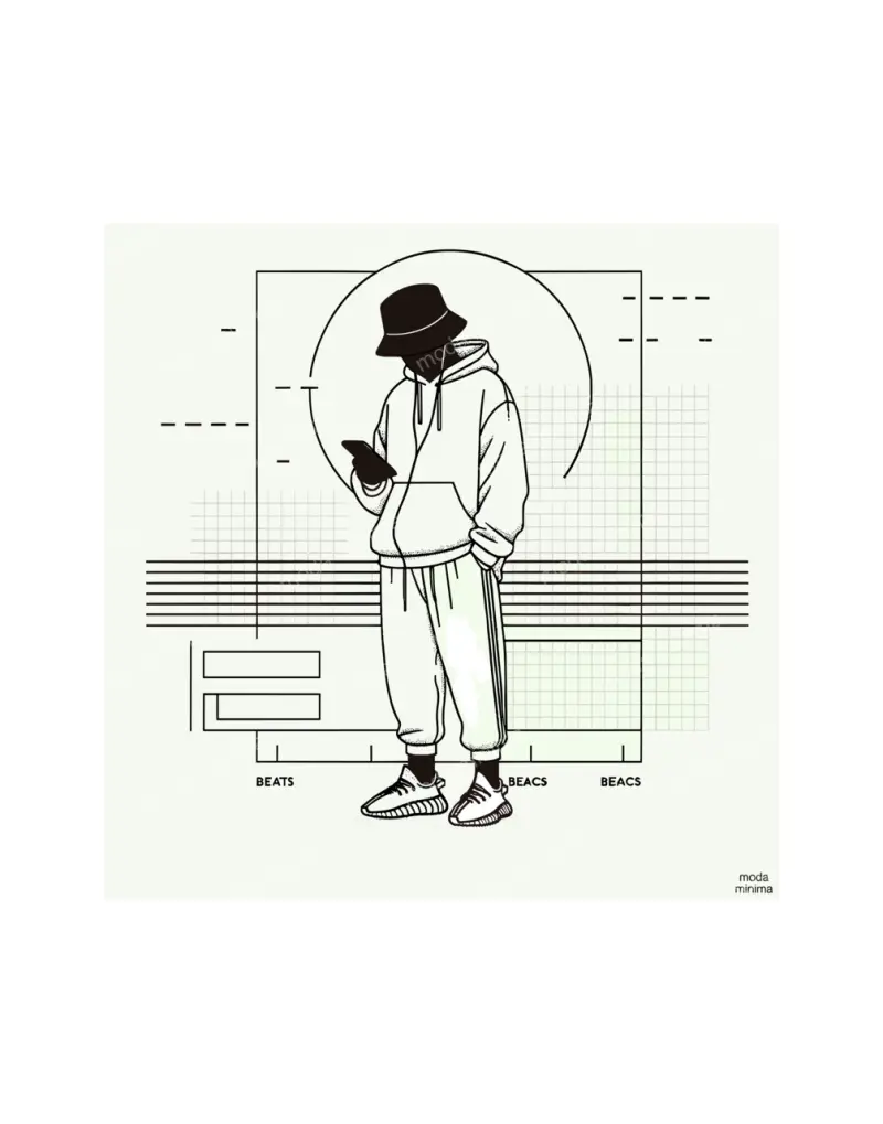 Bucket Hat: a figure in a bucket hat and hoodie looks at a phone, with lines and the word BEATS below.