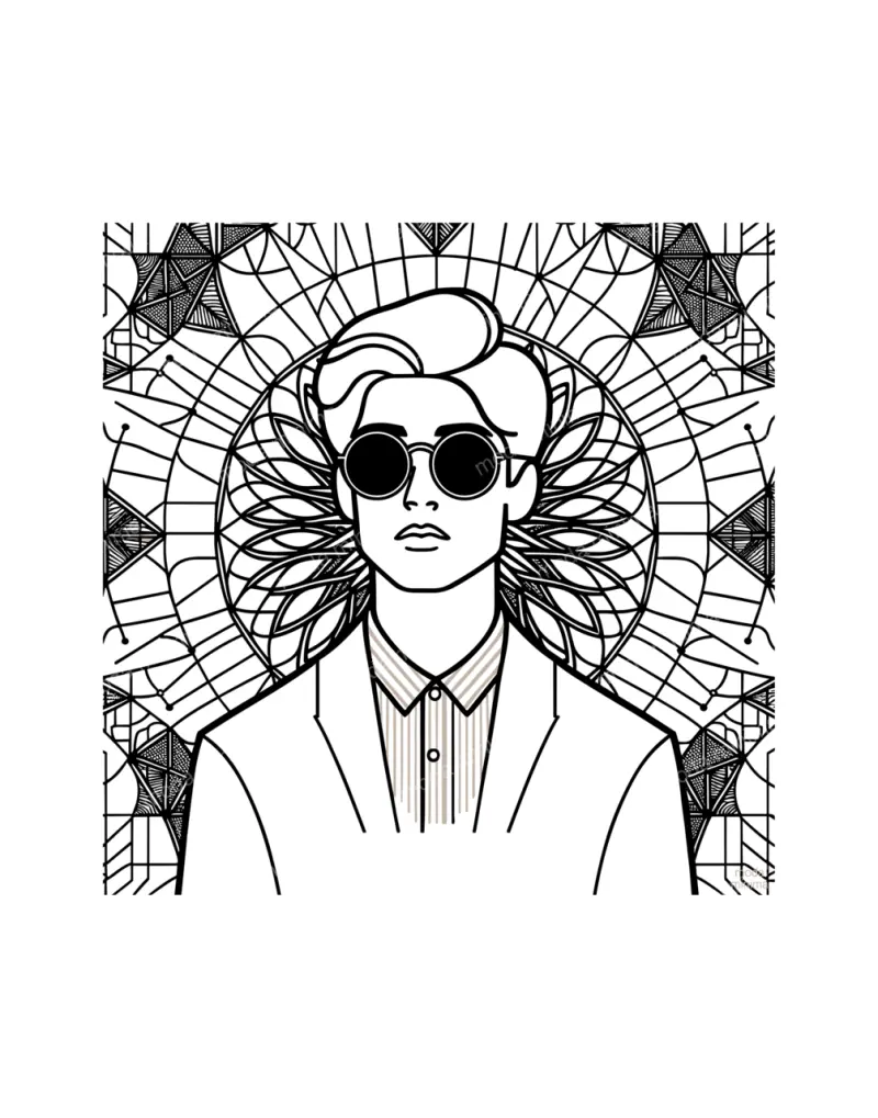 Bloom Behind: a man in round dark glasses and a suit stands before a large geometric flower pattern.