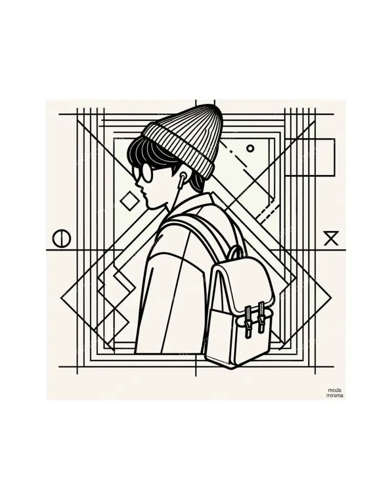 Compass Point: a figure in a beanie and glasses wears a backpack, framed by diamonds and circle symbols.