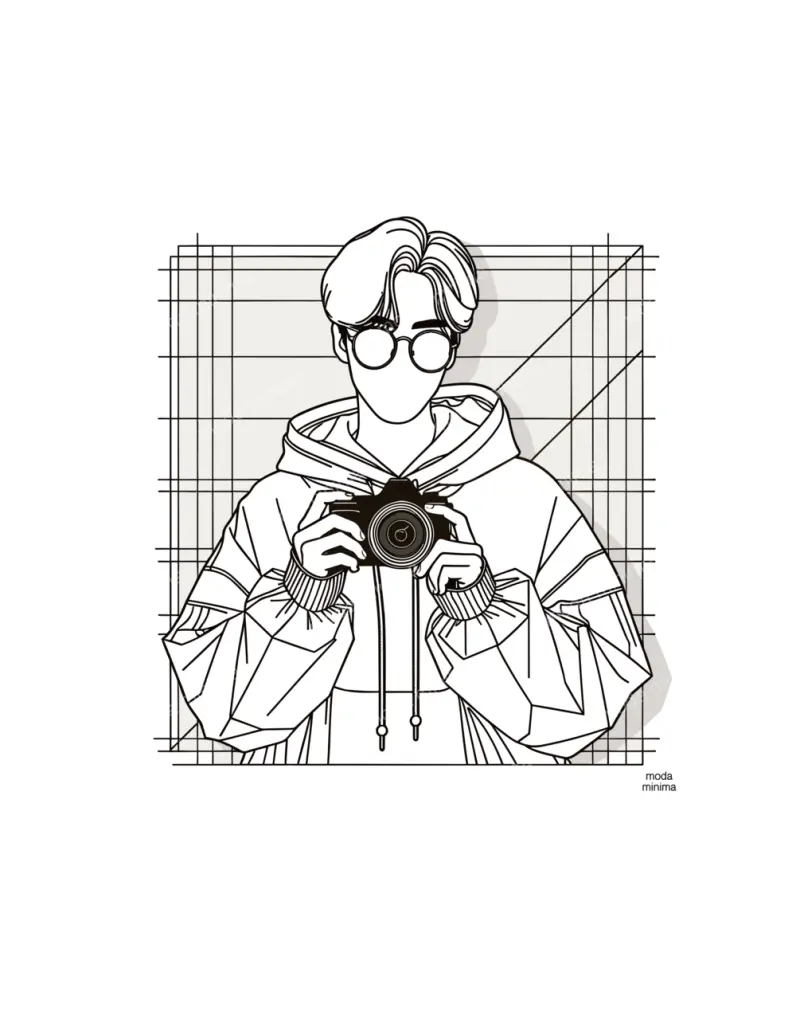 Viewfinder: a figure in round glasses holds a camera at chest height against a grid of crossing lines.