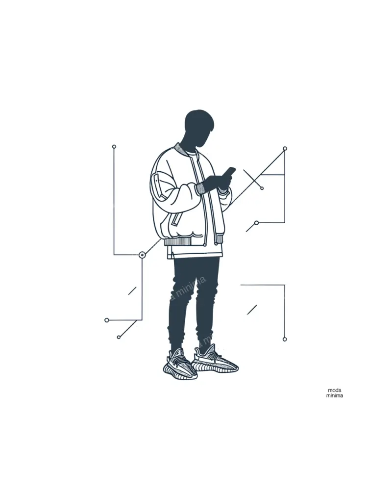 Signal: a dark silhouette in a bomber jacket and sneakers looks at a phone among connected line nodes.