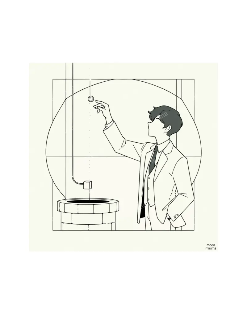 Wishing Well: a man in a suit flicks a coin toward a stone well inside a large circle.