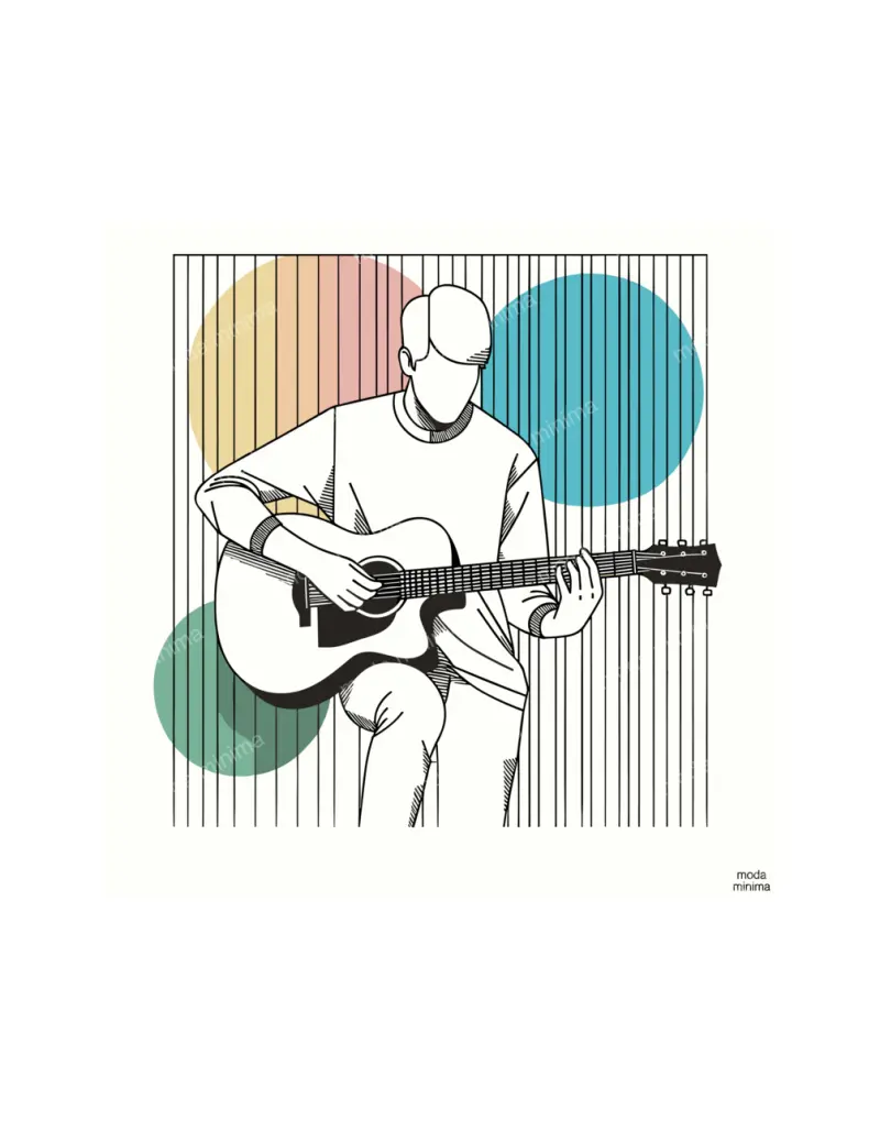 Six Strings: a seated figure plays an acoustic guitar in front of coloured circles and vertical lines.