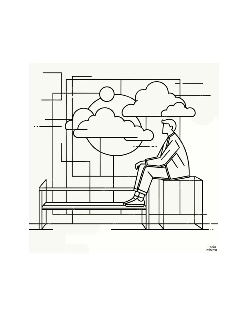 Cloud Watching: a man sits on a block beside a bench, facing outlined clouds and a sun.