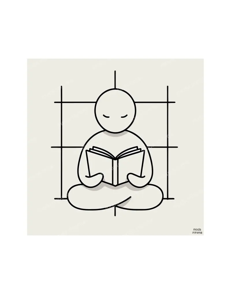 Story Time: a round-headed figure sits cross-legged with eyes closed, holding an open book.