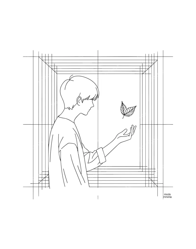 Falling Leaf: a young man reaches an open hand toward a single falling leaf inside nested frames.