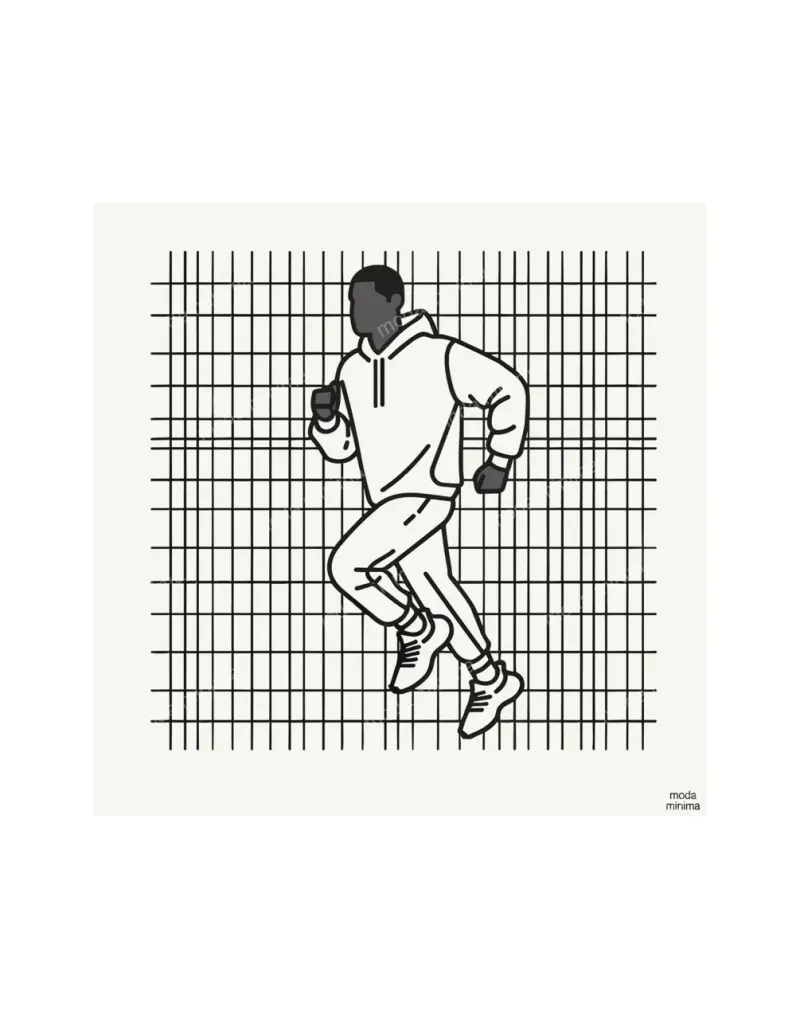 Morning Run: a runner in a hooded top and joggers strides across a dense grid of black lines.