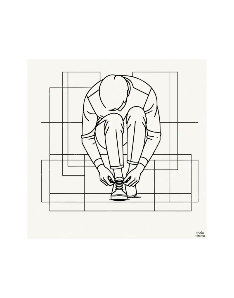 Laced Up: a crouching figure ties a shoelace, folded over the knees among stacked rectangles.