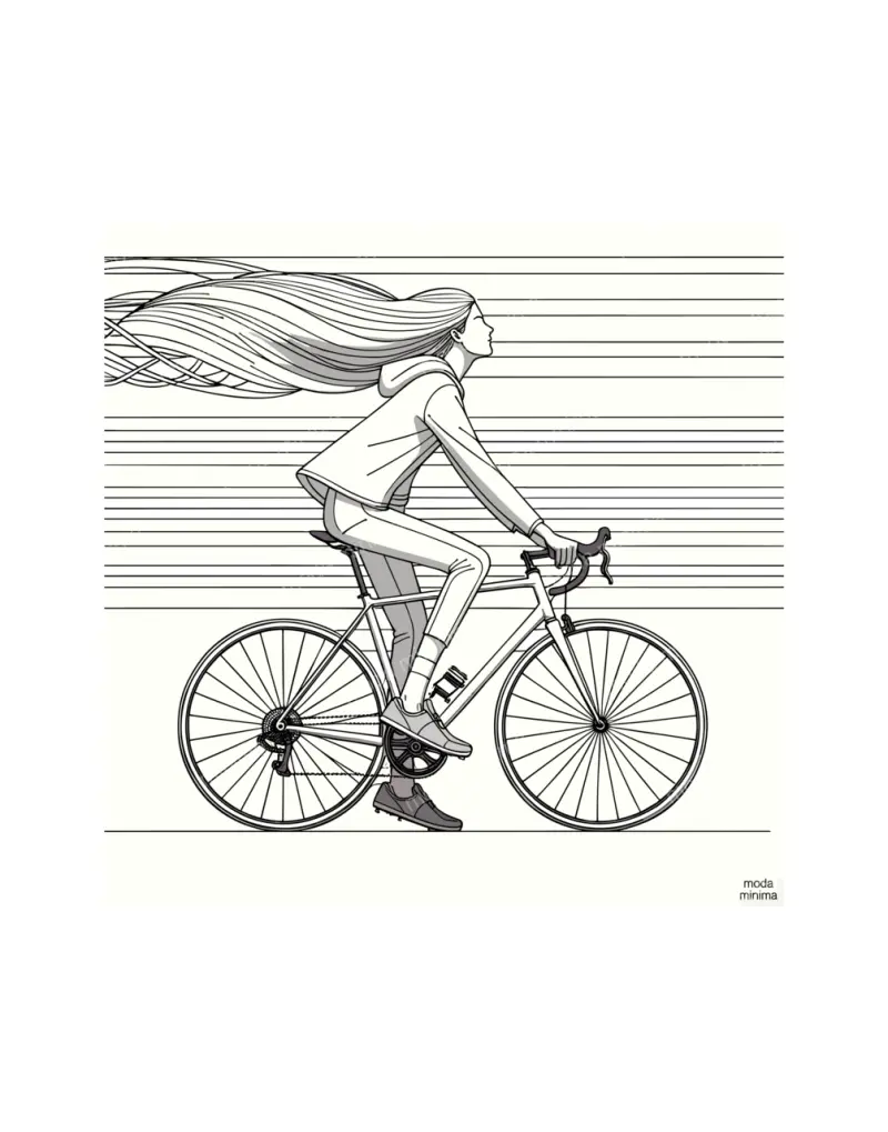 Open Road: a woman with long flowing hair rides a road bike past long horizontal speed lines.