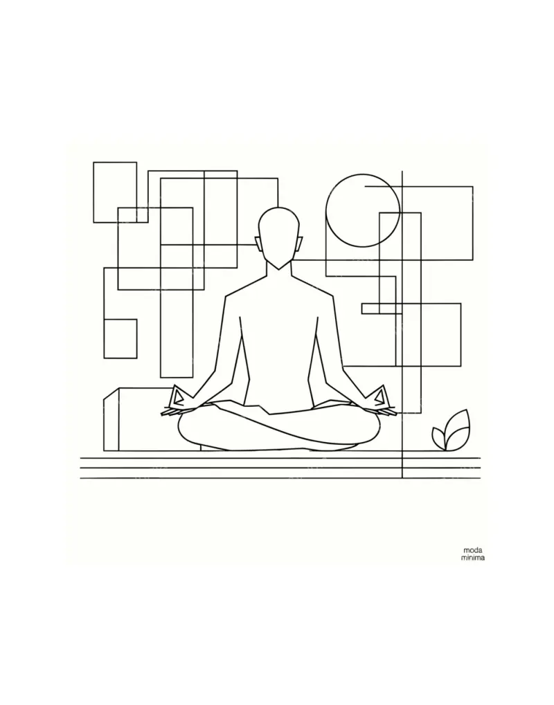 Still Sitting: a figure meditates cross-legged with hands on knees among overlapping rectangles and a sprout.