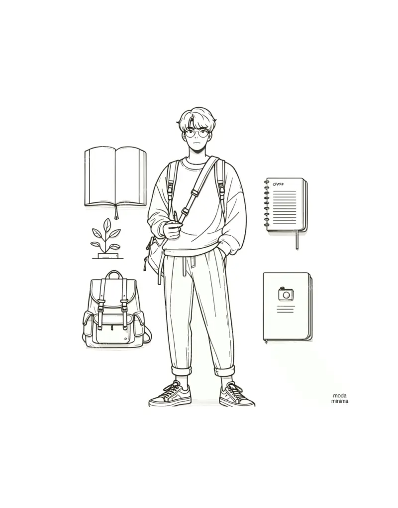 Term One: a student with a backpack stands among floating icons of a book, notebooks, a plant and a bag.