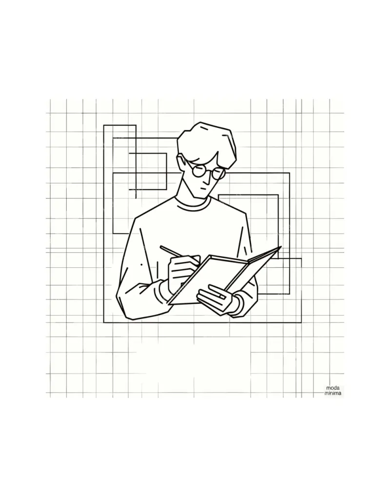 The Sketchbook: a man in glasses writes in an open sketchbook in front of a fine background grid.