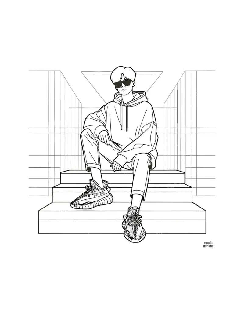 The Steps: a figure in sunglasses and a hoodie sits on wide stairs, chunky sneakers in front.