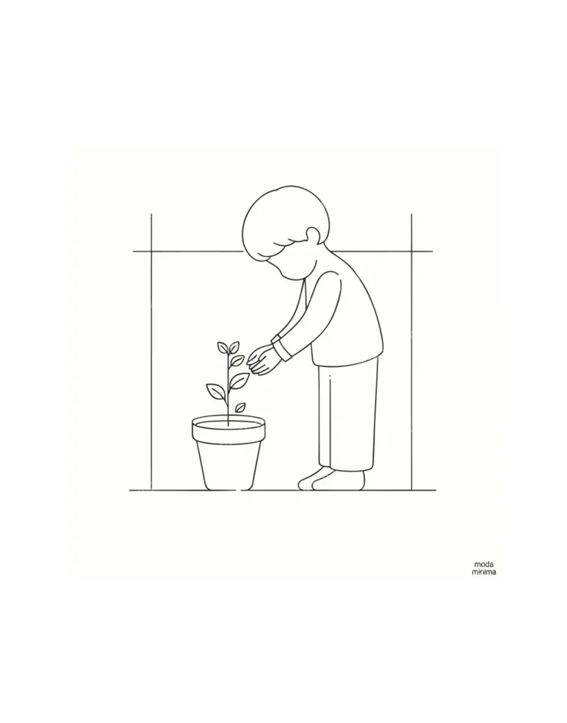 First Sprout: a child-like figure bends over a pot to touch a small sprouting plant.