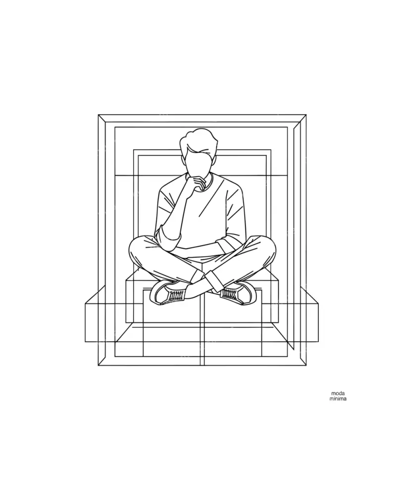 Ponder: a man sits cross-legged on a box with his hand to his chin inside a deep rectangular frame.
