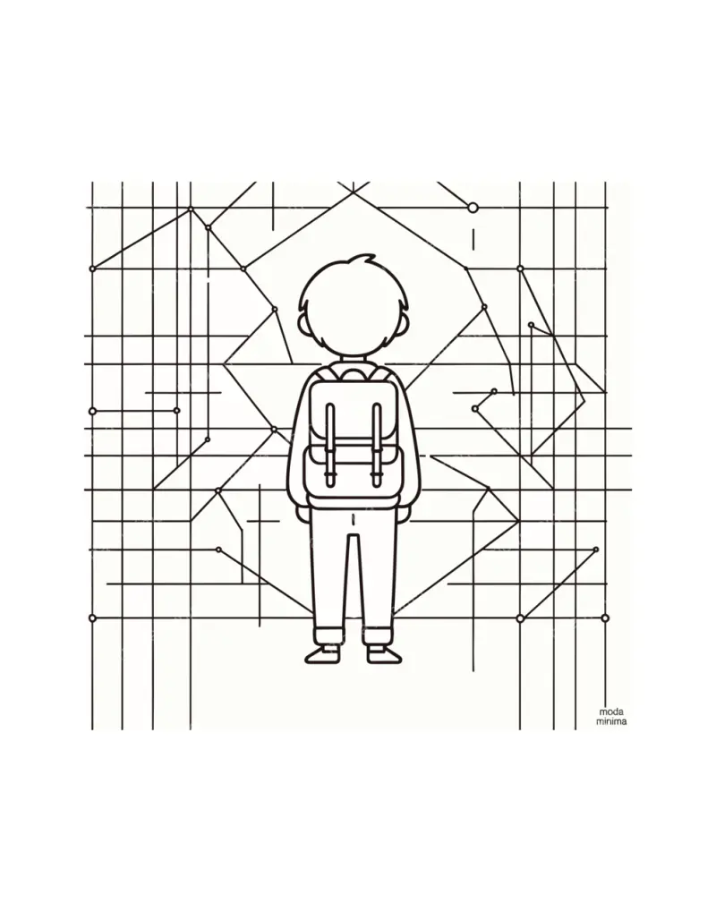 Small Journey: a small figure with a backpack, seen from behind, stands before a web of lines and dots.
