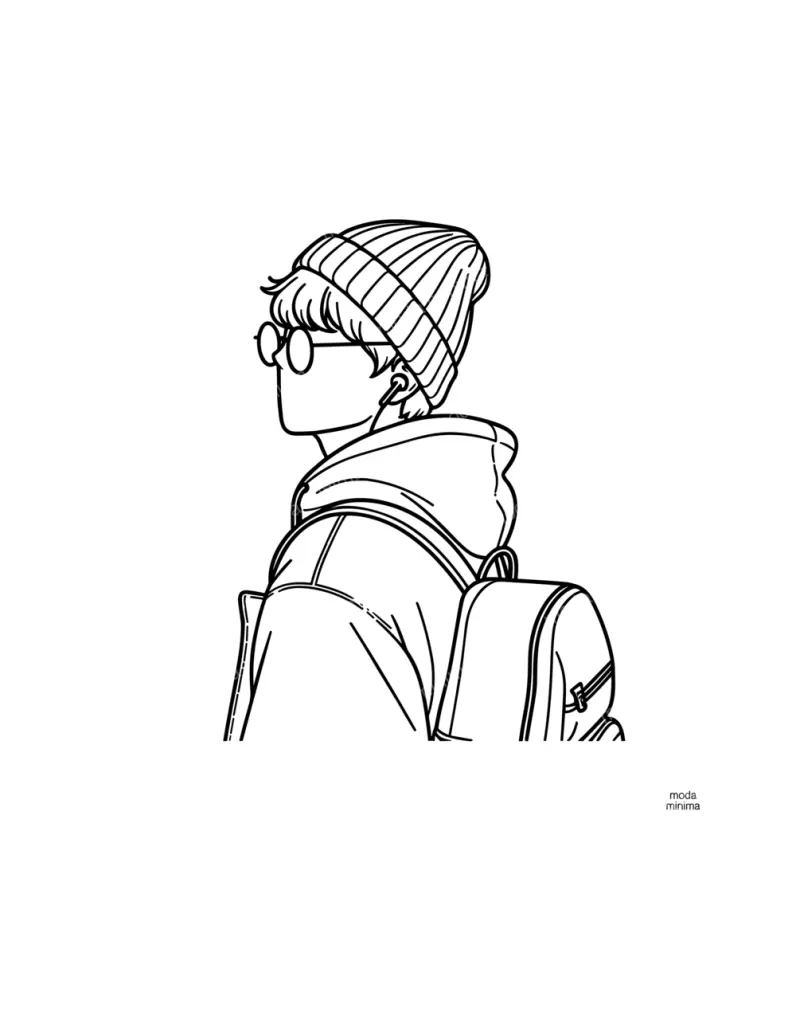 Next Beat: a figure in a knit beanie, round glasses and earbud, seen from the side with a backpack.